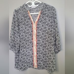 FOIL Black and White Floral Blouse with Coral Trim 12